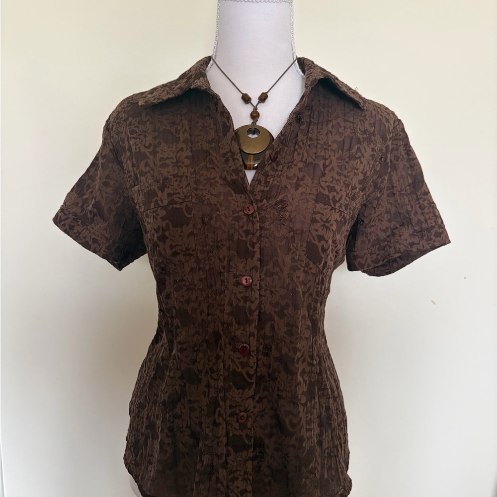 Embroidered Brown Short-Sleeve Button Front Women's Top